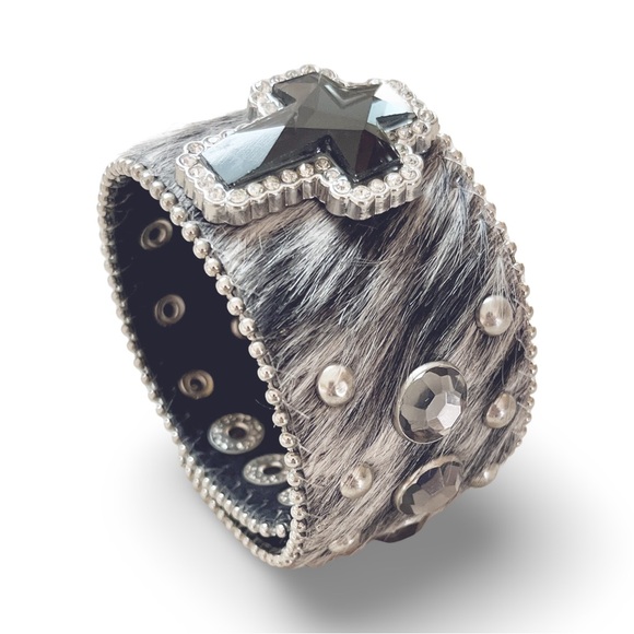 Hair On Cowhide Salt n Pepper Black Cross & Silver Crystal Studded Cuff Bracelet - Picture 3 of 8